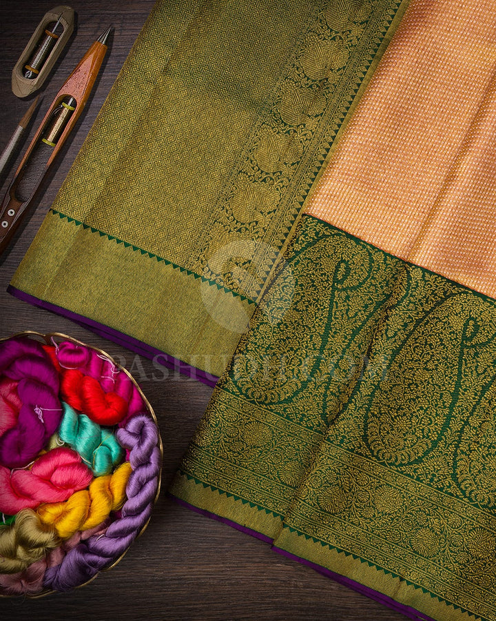 Peachy Pink And Bottle Green Kanjivaram Silk Saree-S1287(C)