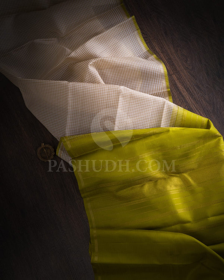Half White,Beige And Pear Green Kanjivaram Silk Saree-SP330