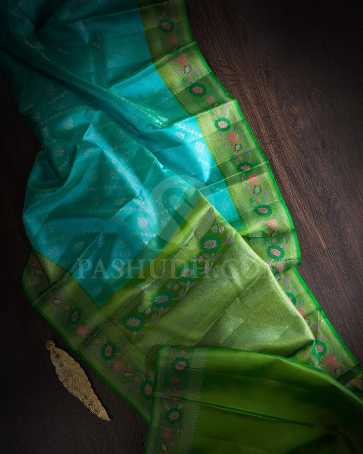 Turquoise Blue With Parrot Green Kanjivaram Silk Saree-DJ377(E)