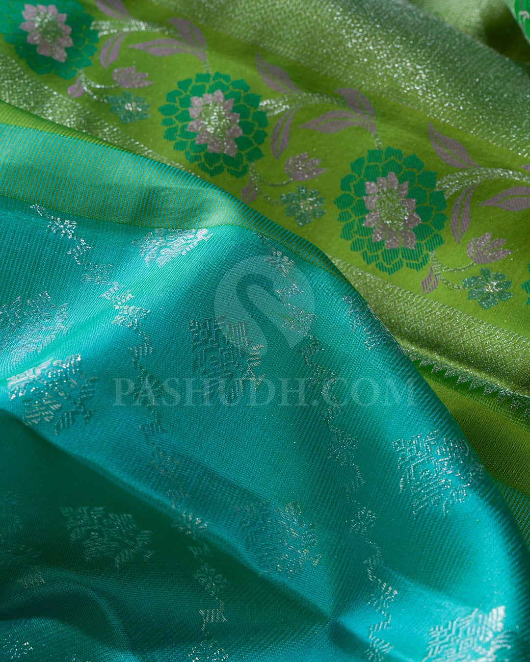 Turquoise Blue With Parrot Green Kanjivaram Silk Saree-DJ377(E)