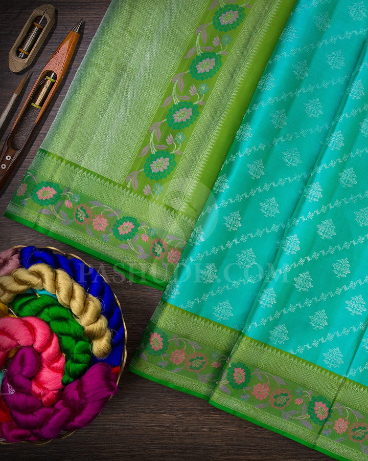 Turquoise Blue With Parrot Green Kanjivaram Silk Saree-DJ377(E)