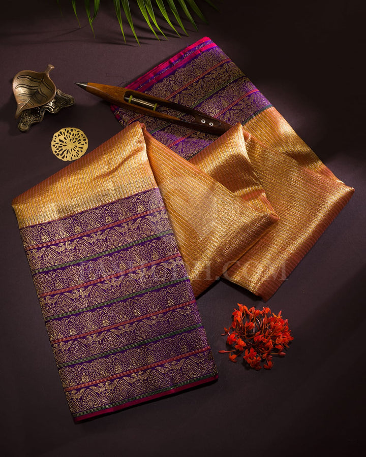 Gold Silver With Violet Shimmer Organza Kanjivaram Silk Saree-S1332(F)