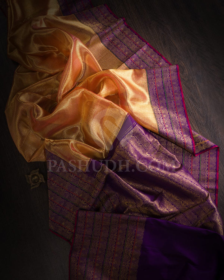 Gold Silver With Violet Shimmer Organza Kanjivaram Silk Saree-S1332(F)