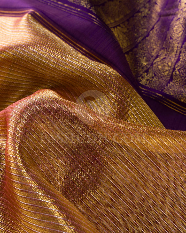 Gold Silver With Violet Shimmer Organza Kanjivaram Silk Saree-S1332(F)