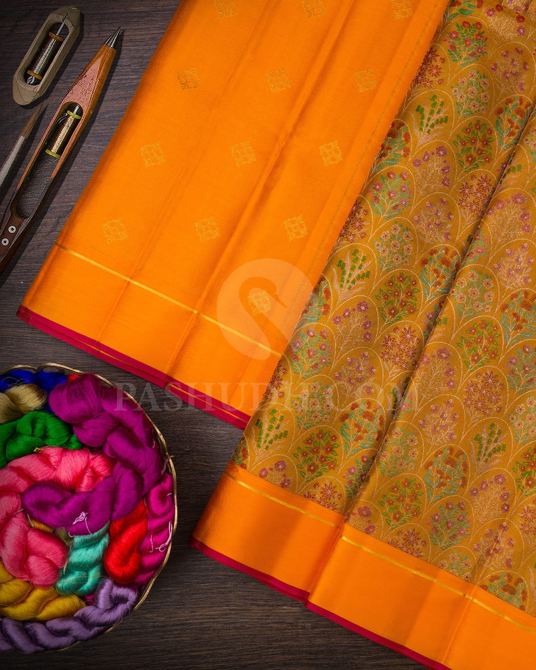 Mustard Yellow With Mild Orange Kanjivaram Silk Saree-DJ396(A)