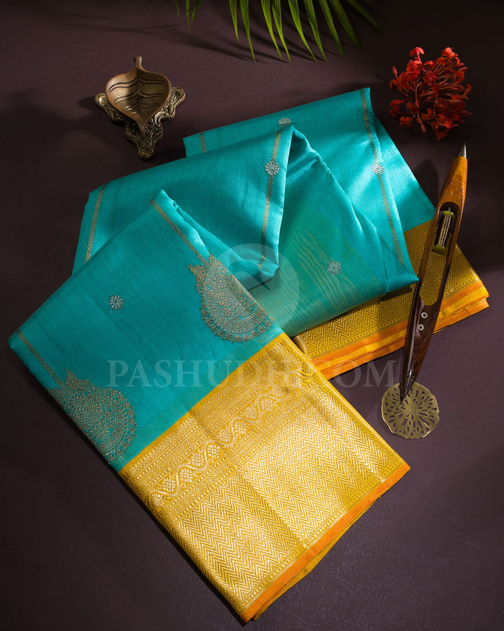 Sky Blue With Mango Yellow Organza Kanjivaram Silk Saree-S1573(A)