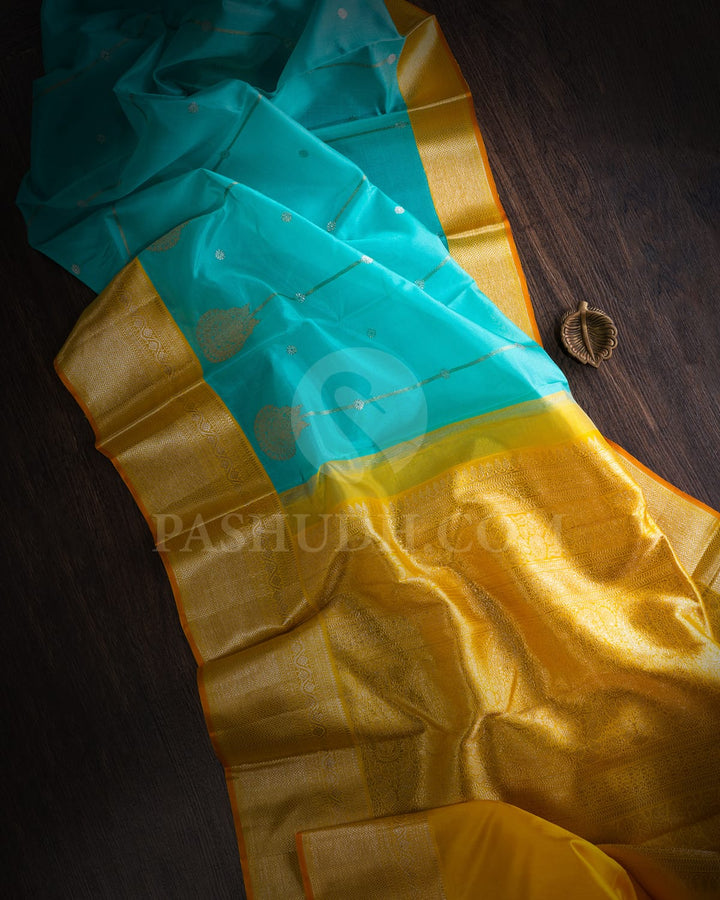 Sky Blue With Mango Yellow Organza Kanjivaram Silk Saree-S1573(A)