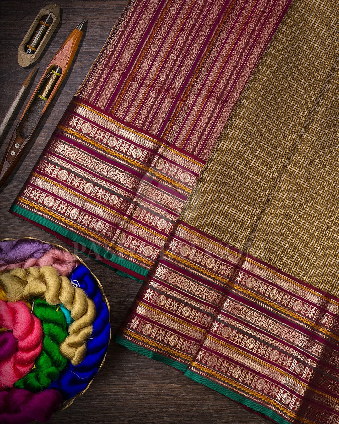 Mehendi Green With Maroon Kanjivaram Silk Saree-S1062(J)