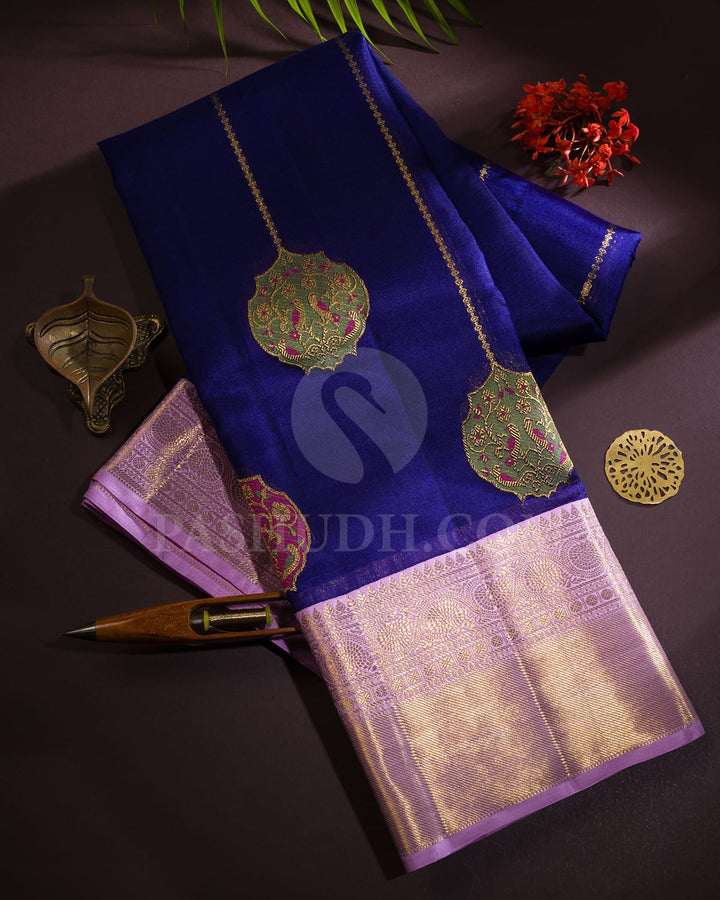 Royal Blue With Lilac Kora Organza Kanjivaram Silk Saree-S1520(C)