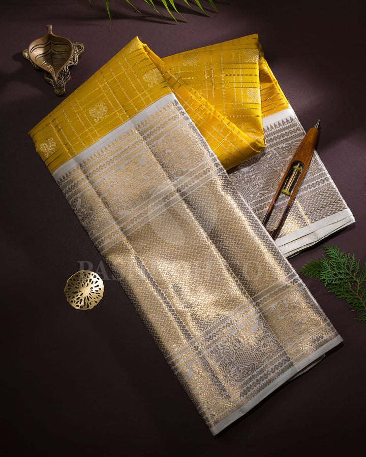 Bright Yellow With Grey Shot Cream Kanjivaram Silk Saree-SP336