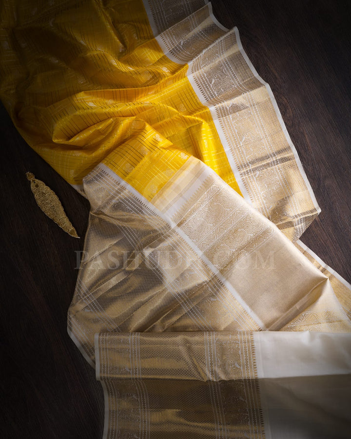 Bright Yellow With Grey Shot Cream Kanjivaram Silk Saree-SP336