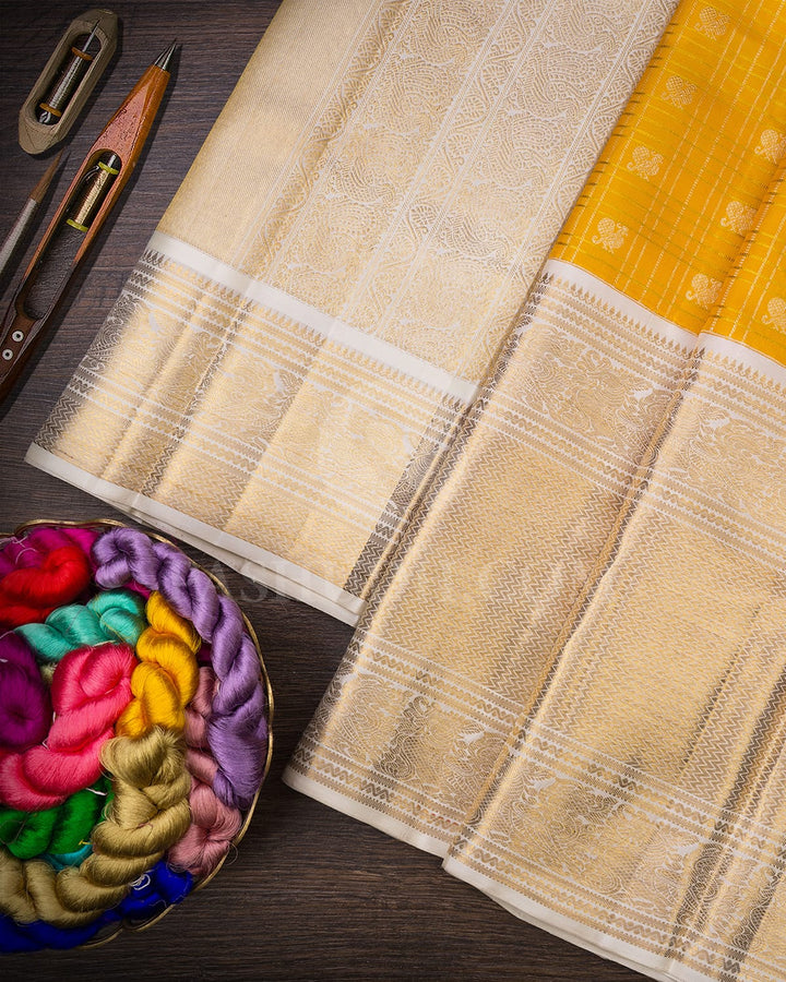 Bright Yellow With Grey Shot Cream Kanjivaram Silk Saree-SP336