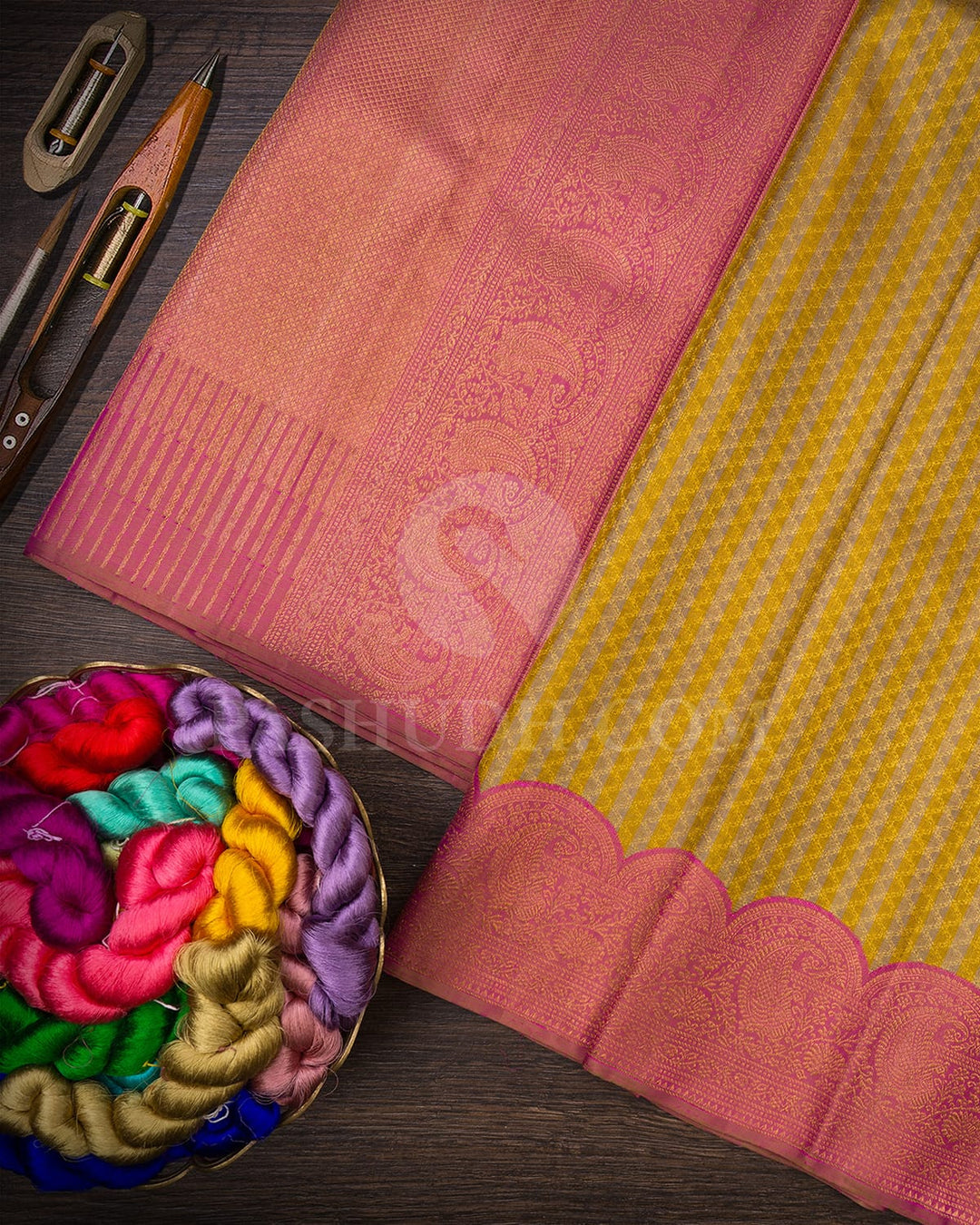 Grey-Green With Onion Pink Kanjivaram Silk Saree-S1572(A)