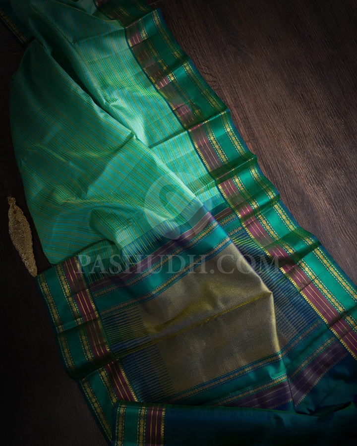 Cyan With Pine Green Kanjivaram Silk Saree-DJ381(C)