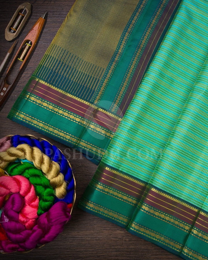 Cyan With Pine Green Kanjivaram Silk Saree-DJ381(C)