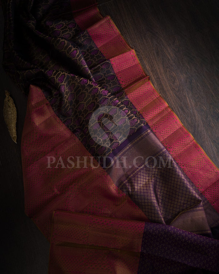 Aubergine With Rani Pink Kanjivaram Silk Saree-DJ352(G)