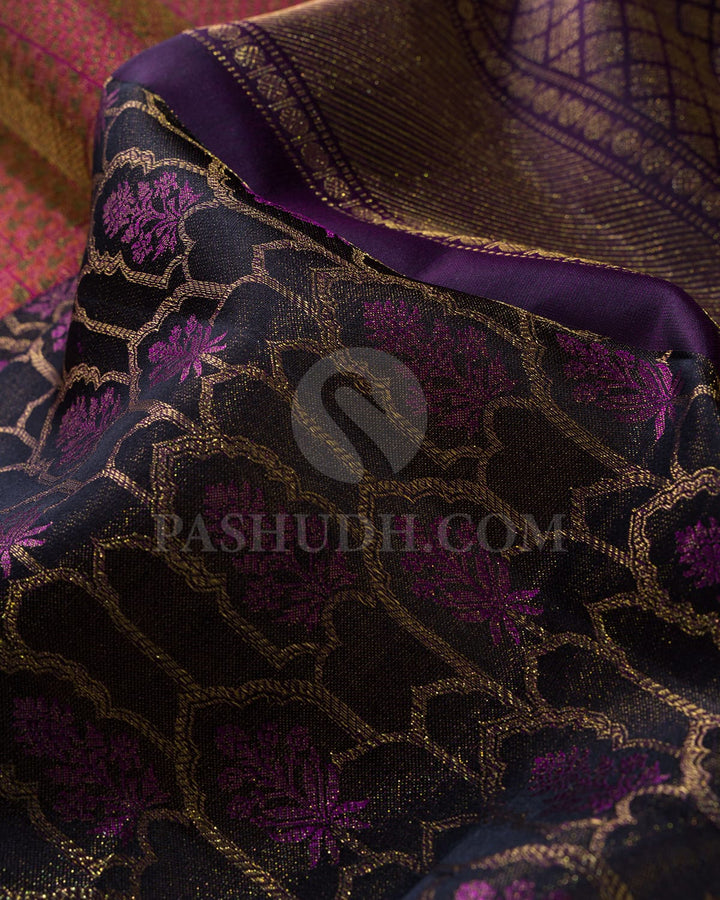 Aubergine With Rani Pink Kanjivaram Silk Saree-DJ352(G)