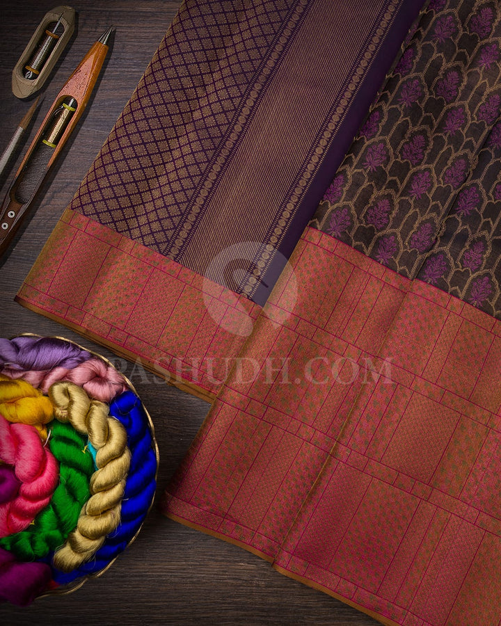 Aubergine With Rani Pink Kanjivaram Silk Saree-DJ352(G)