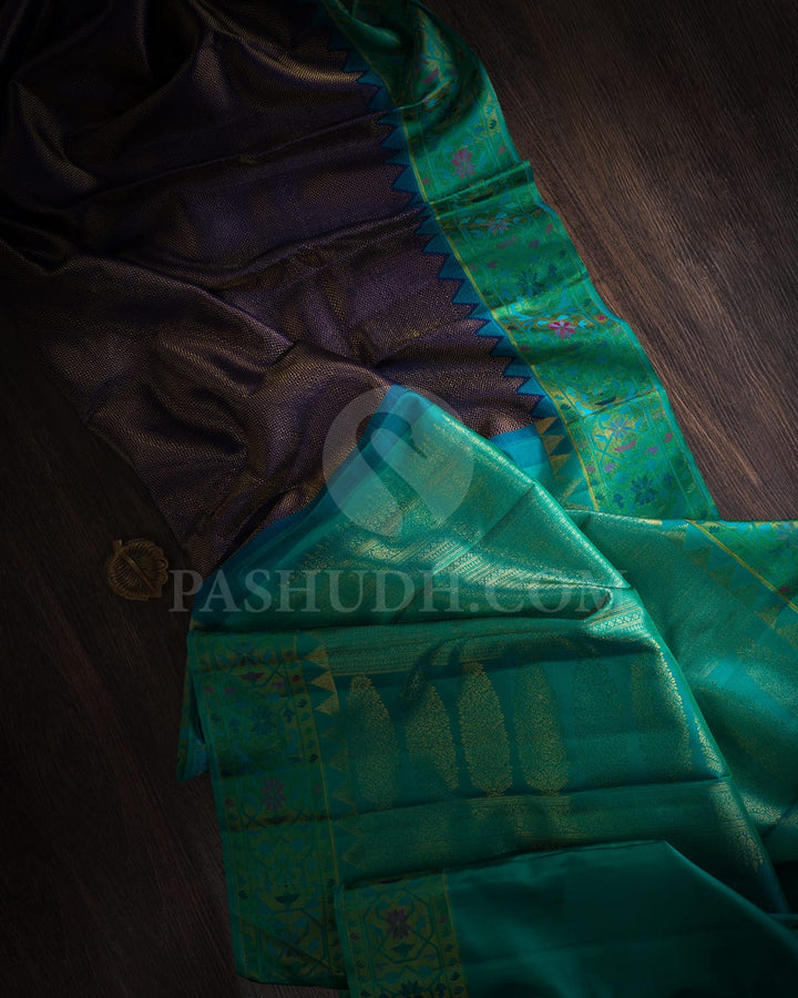 Navy Blue And Turquoise Pure Zari Bridal Kanjivaram Silk Saree-P203(A)