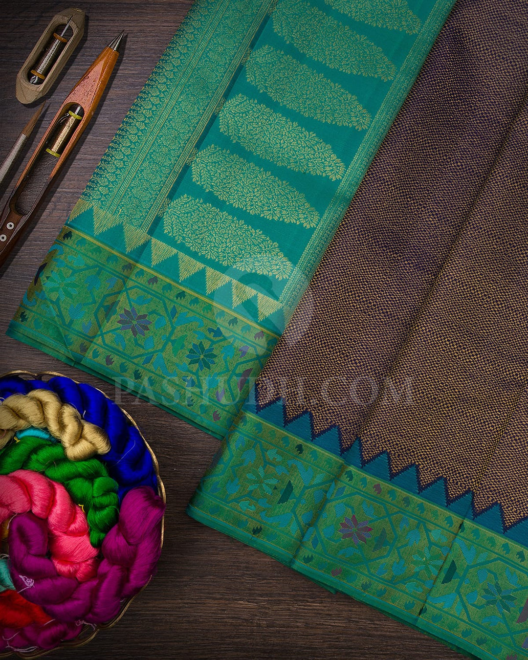 Navy Blue And Turquoise Pure Zari Bridal Kanjivaram Silk Saree-P203(A)