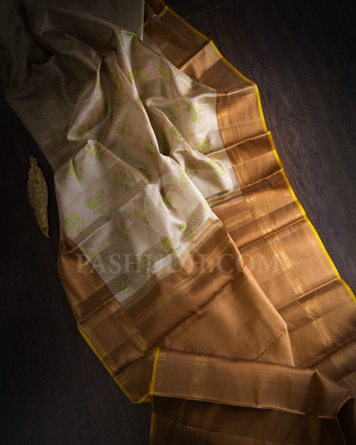 Cream With Khaki Kanjivaram Silk Saree-DJ399(A)