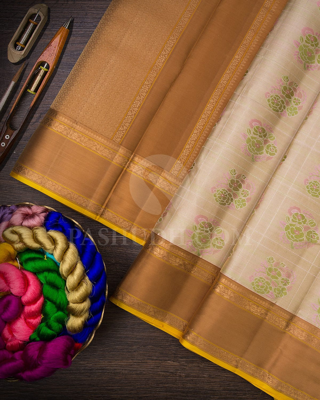 Cream With Khaki Kanjivaram Silk Saree-DJ399(A)