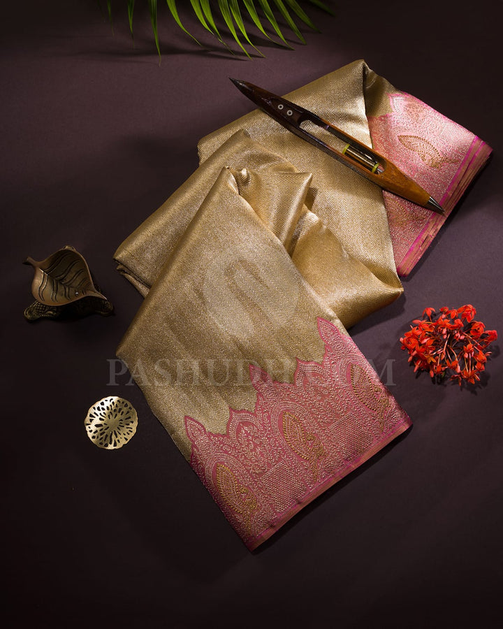 Gold Silver With Peachy Uneven Border Kanjivaram Silk Saree-S1570(A)