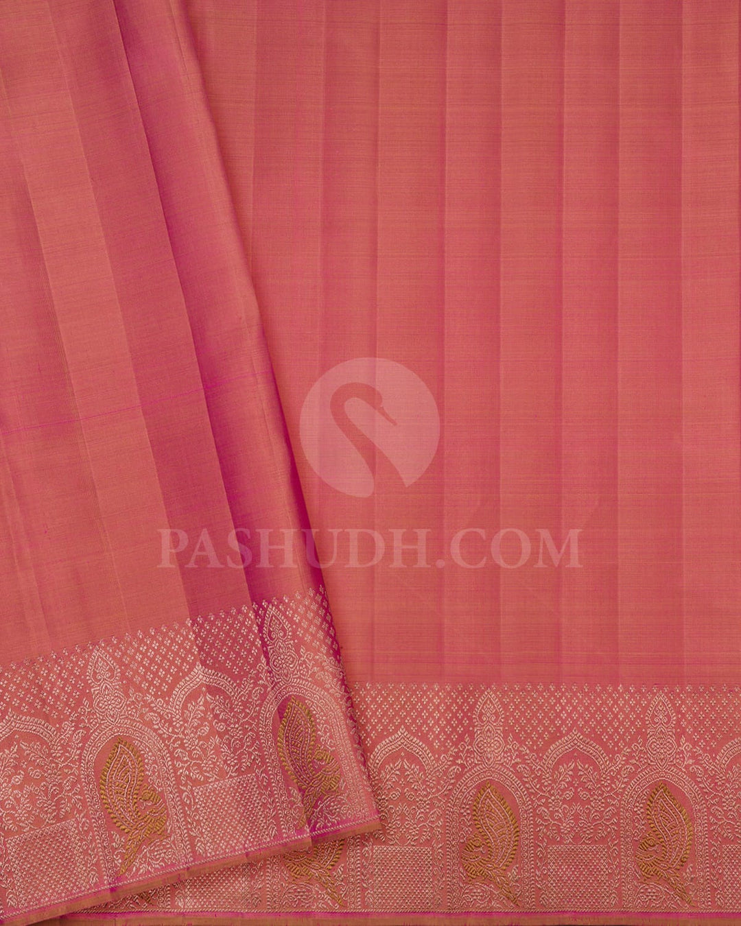 Gold Silver With Peachy Uneven Border Kanjivaram Silk Saree-S1570(A)
