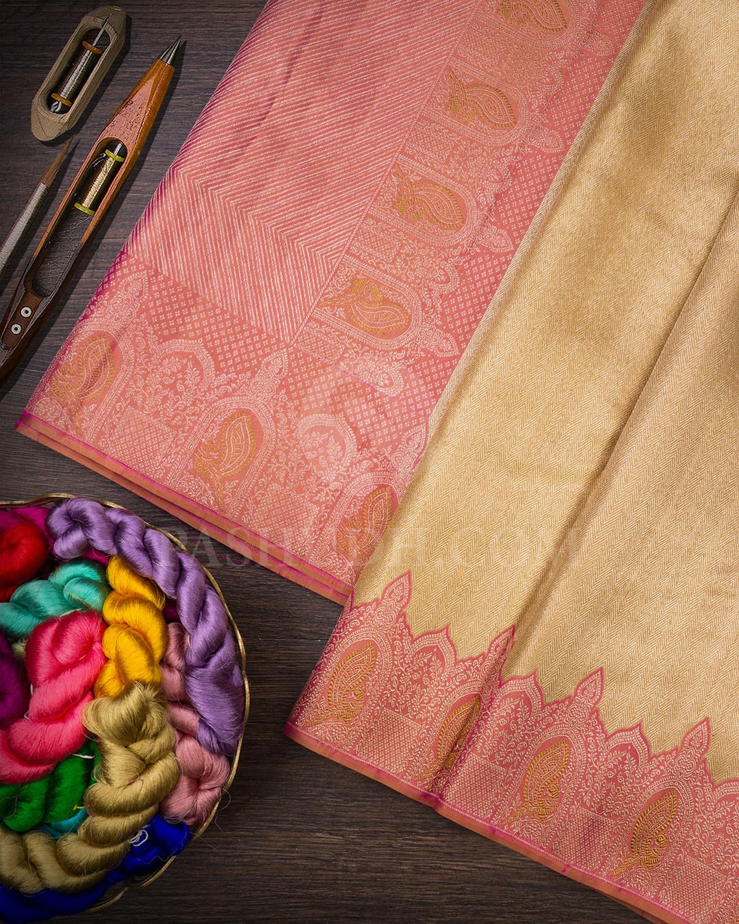 Gold Silver With Peachy Uneven Border Kanjivaram Silk Saree-S1570(A)