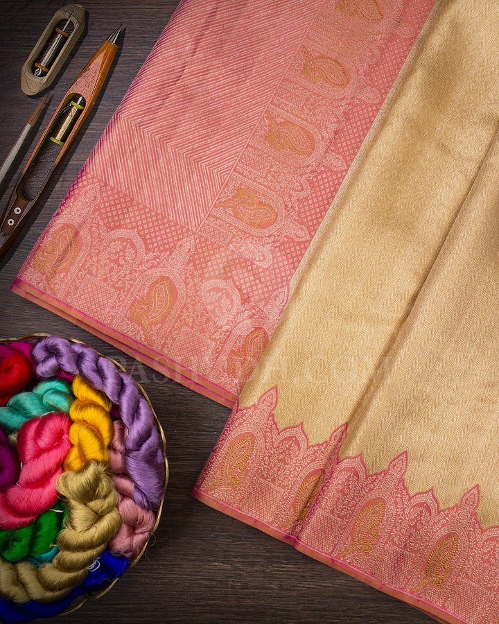 Gold Silver With Peachy Uneven Border Kanjivaram Silk Saree-S1570(A)