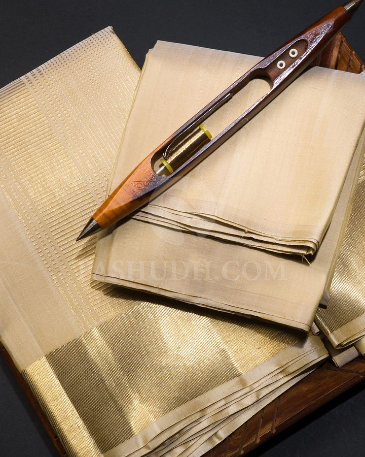 Beige Pure Silk Dhothi With Angavastram-V36