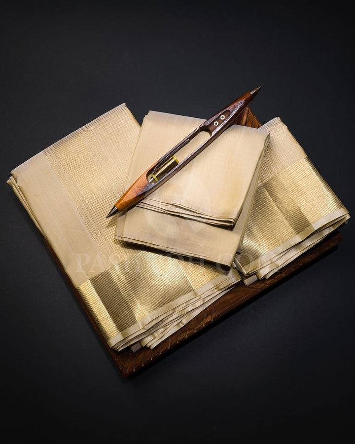 Beige Pure Silk Dhothi With Angavastram-V36