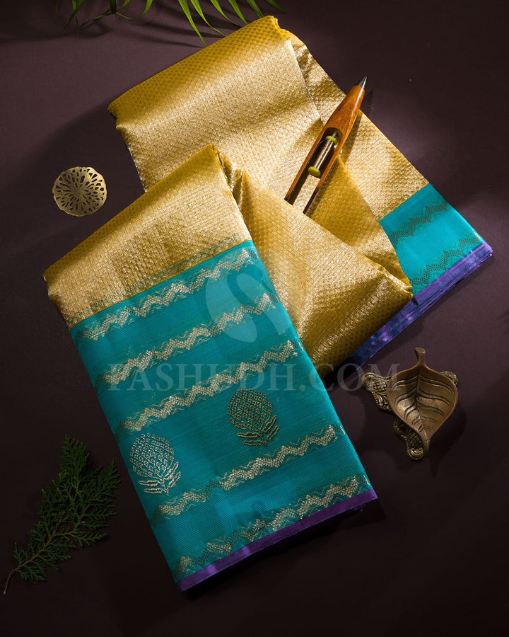 Yellow And Sky Blue Kora Organza Shimmer Kanjivaram Silk Saree-S1577(A)