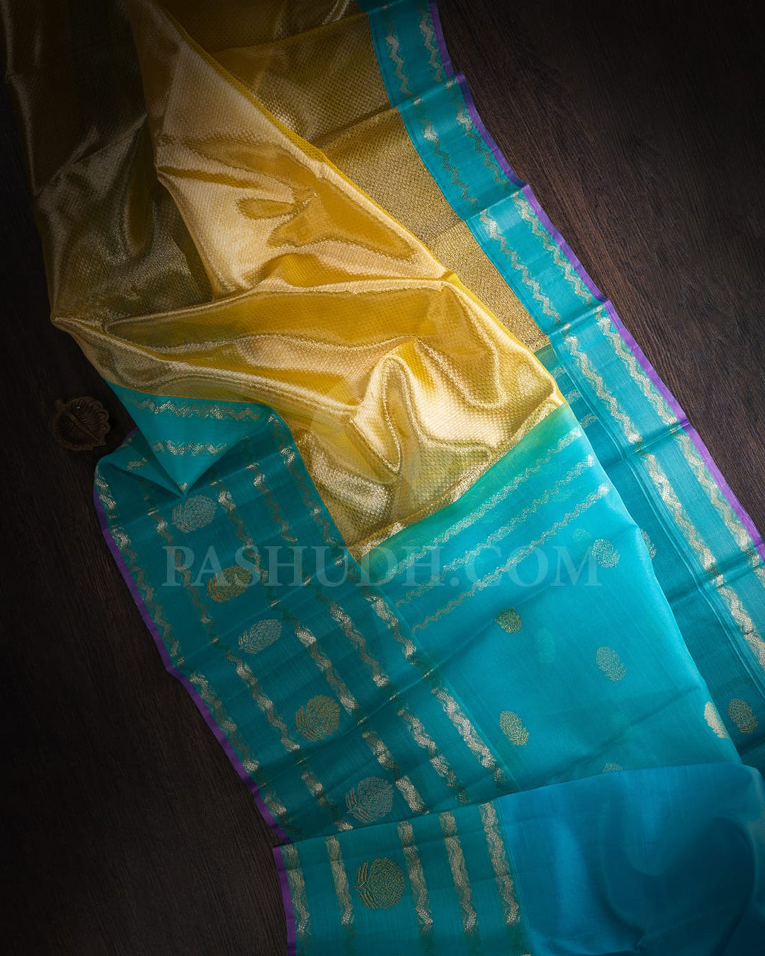 Yellow And Sky Blue Kora Organza Shimmer Kanjivaram Silk Saree-S1577(A)
