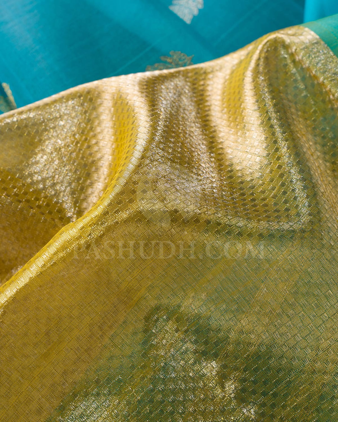 Yellow And Sky Blue Kora Organza Shimmer Kanjivaram Silk Saree-S1577(A)