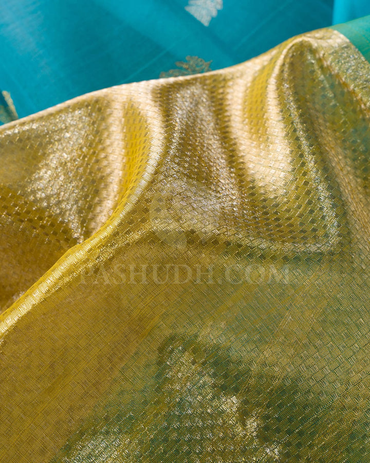 Yellow And Sky Blue Kora Organza Shimmer Kanjivaram Silk Saree-S1577(A)