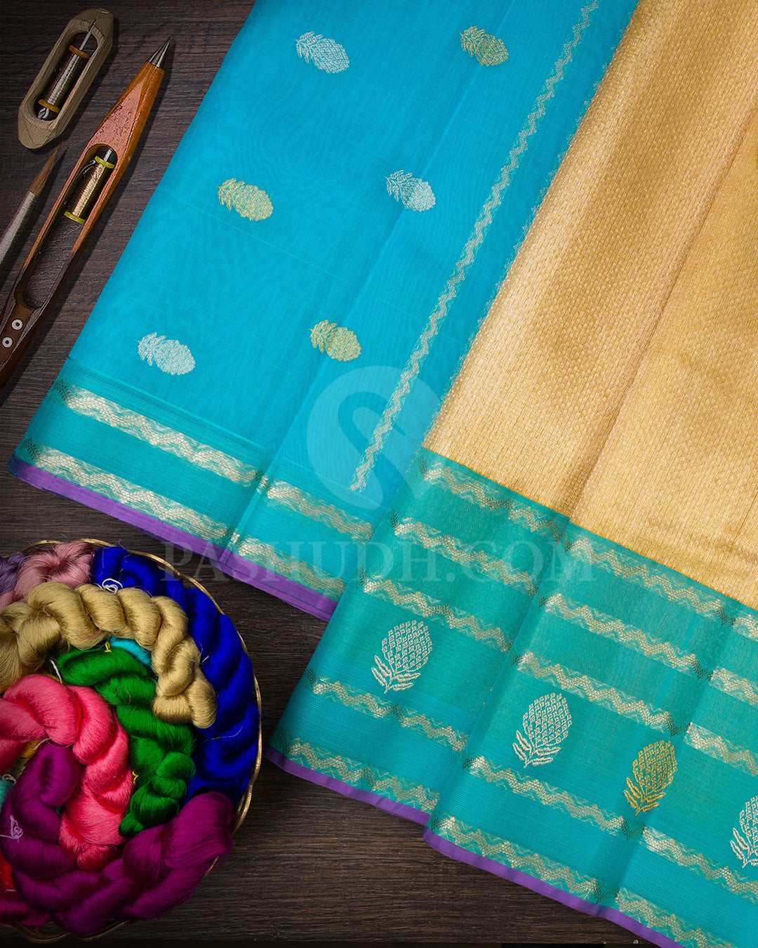 Yellow And Sky Blue Kora Organza Shimmer Kanjivaram Silk Saree-S1577(A)