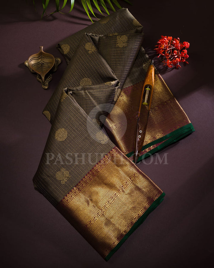 Taupe Brown With Maroon Vairaoosi Patterned Pure Zari Kanjivaram Silk Saree-SP342