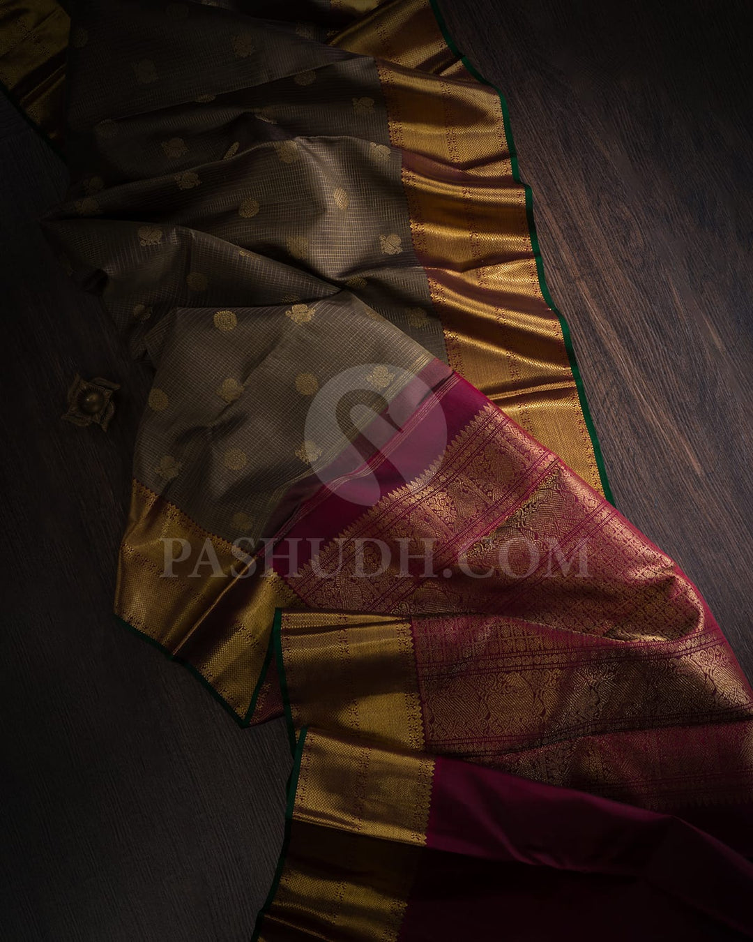 Taupe Brown With Maroon Vairaoosi Patterned Pure Zari Kanjivaram Silk Saree-SP342