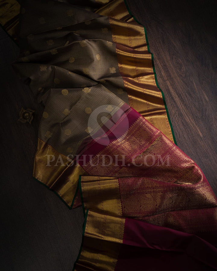 Taupe Brown With Maroon Vairaoosi Patterned Pure Zari Kanjivaram Silk Saree-SP342