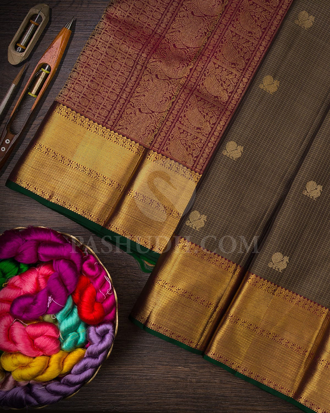 Taupe Brown With Maroon Vairaoosi Patterned Pure Zari Kanjivaram Silk Saree-SP342