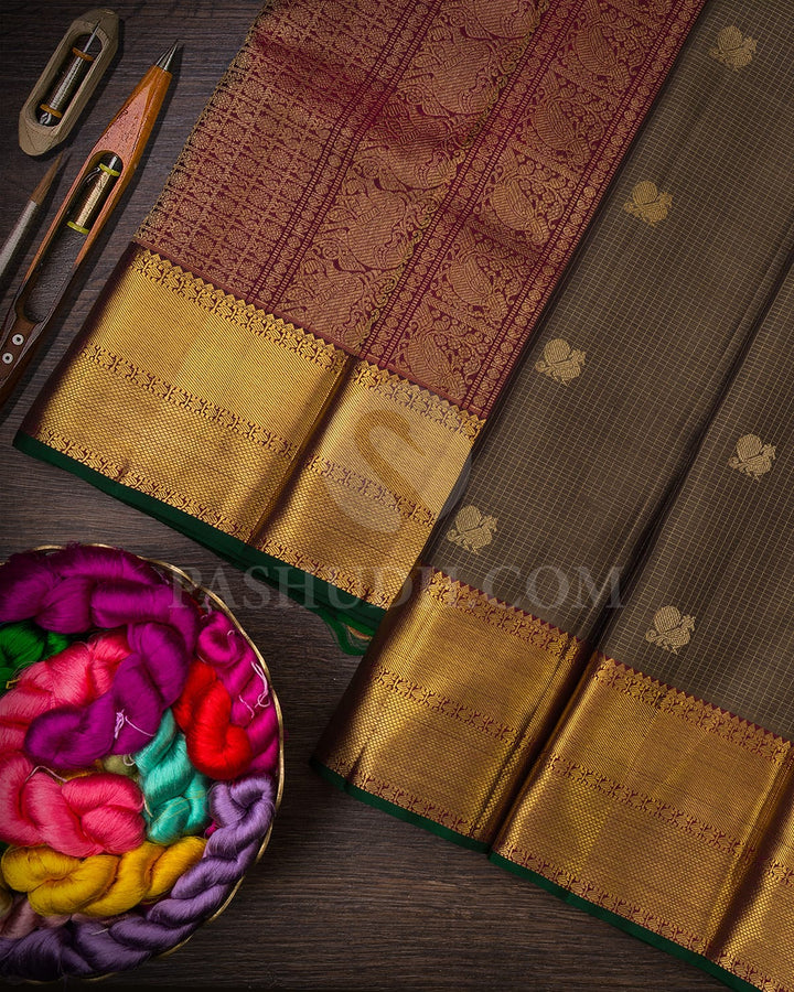 Taupe Brown With Maroon Vairaoosi Patterned Pure Zari Kanjivaram Silk Saree-SP342