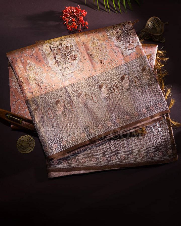 Peach With Mild Chocolate Brown Tissue Shimmer Kanjivaram Silk Saree-SP341