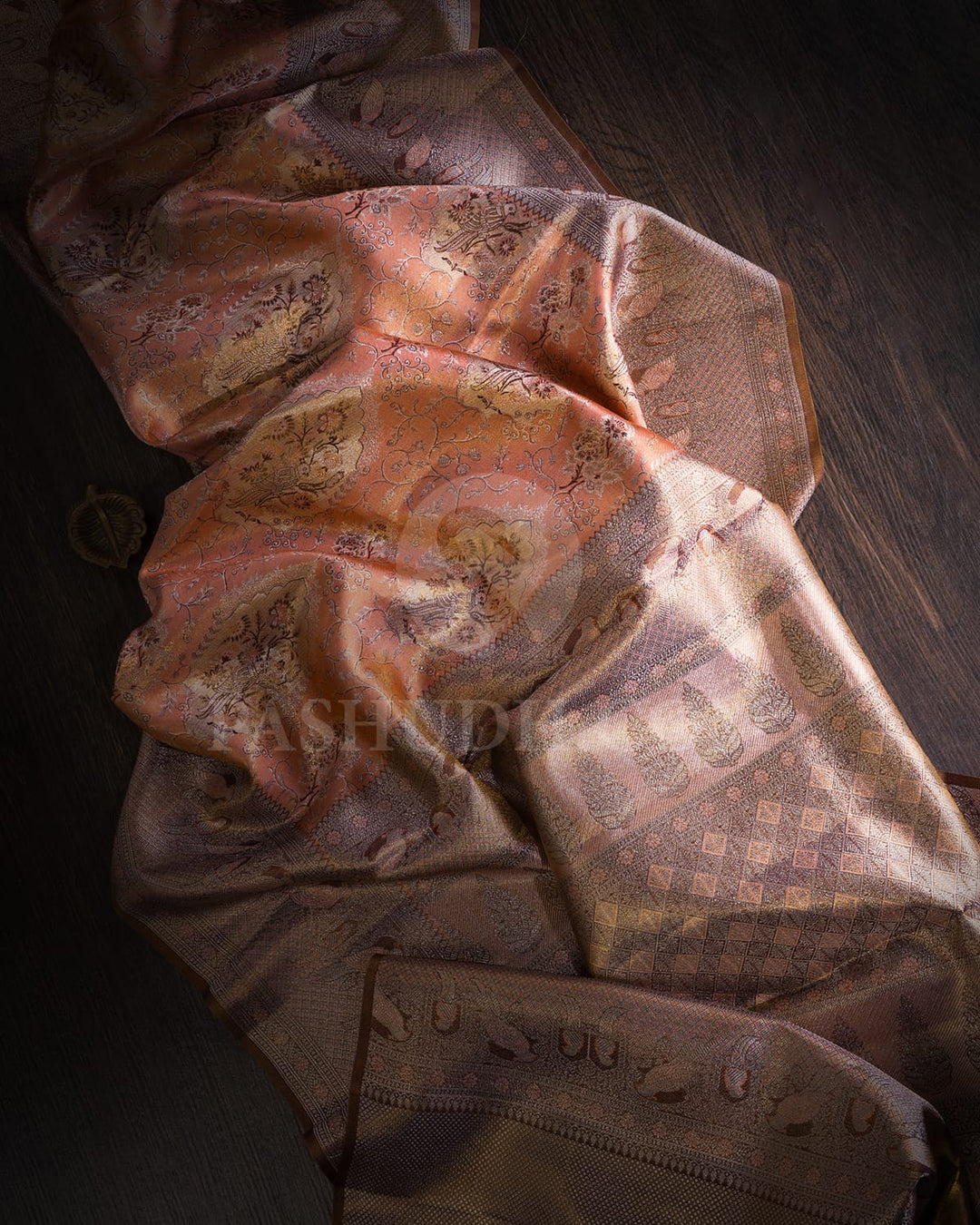 Peach With Mild Chocolate Brown Tissue Shimmer Kanjivaram Silk Saree-SP341