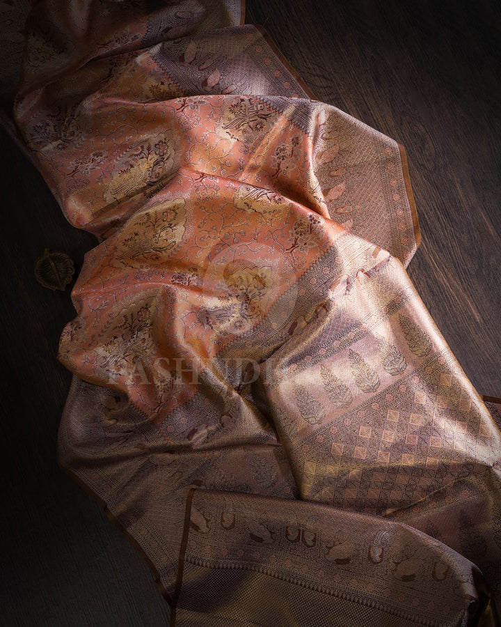 Peach With Mild Chocolate Brown Tissue Shimmer Kanjivaram Silk Saree-SP341