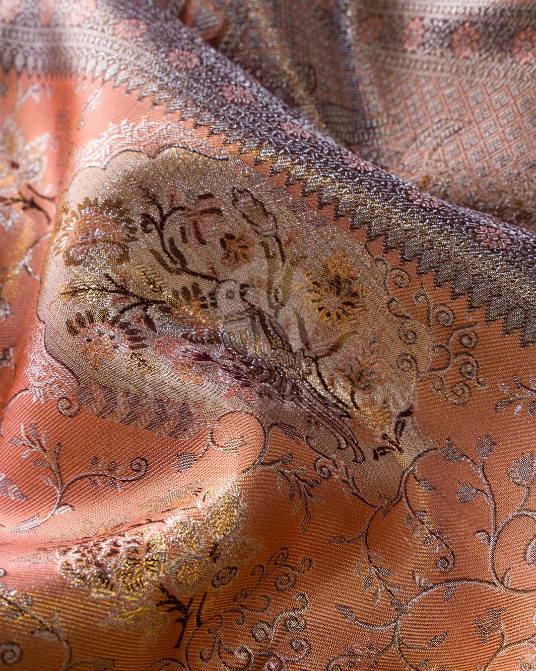 Peach With Mild Chocolate Brown Tissue Shimmer Kanjivaram Silk Saree-SP341