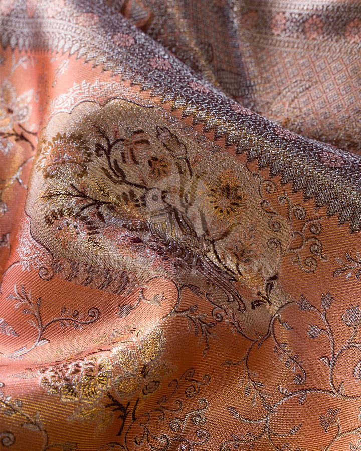 Peach With Mild Chocolate Brown Tissue Shimmer Kanjivaram Silk Saree-SP341