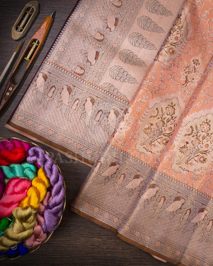 Peach With Mild Chocolate Brown Tissue Shimmer Kanjivaram Silk Saree-SP341