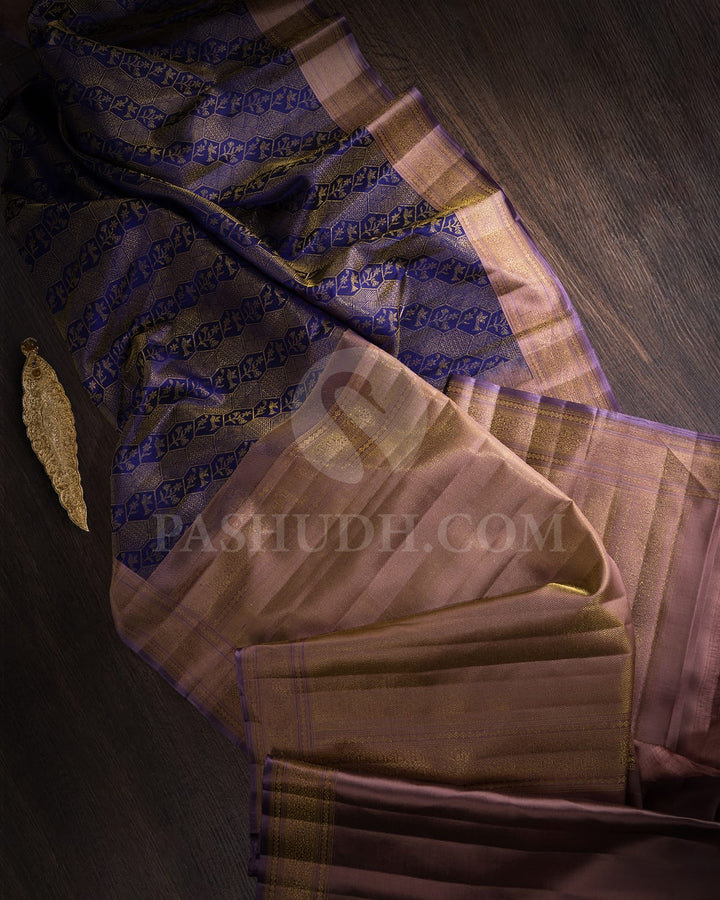 Navy Blue With Brown Kanjivaram Silk Saree-D606(C)