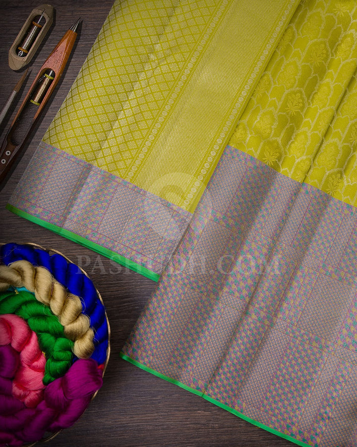 Parrot Green With Lavender Kanjivaram Silk Saree-DJ352(H)